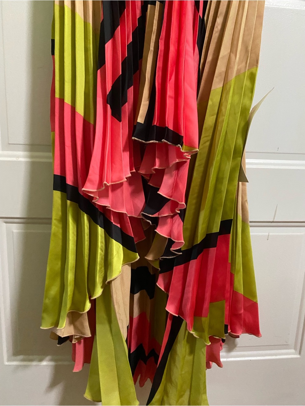 Cache Pleated Hi‑Low Spaghetti Strap Dress in Lime Green, Coral and Black - Picture 3 of 6